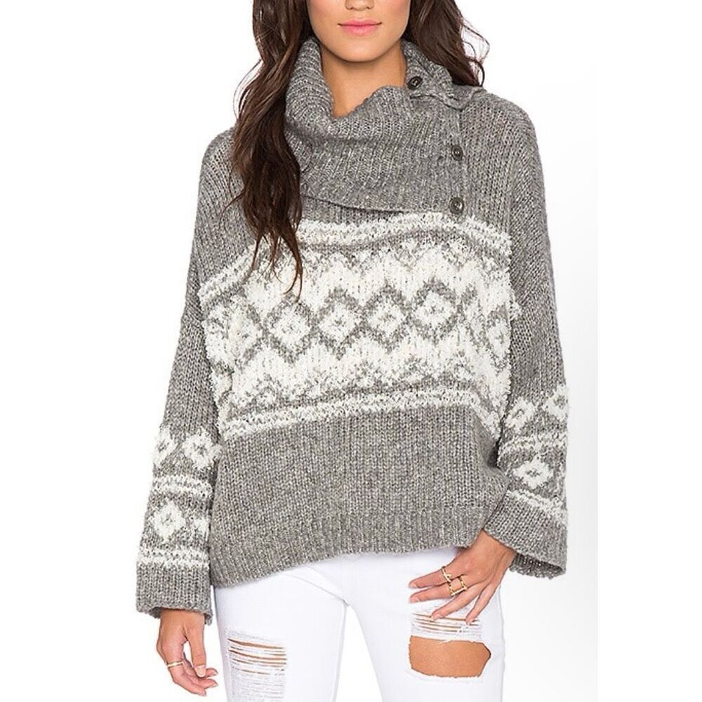 Free People Sweater Fairisle Split Neck Wool‎ Blend Boho Gray size XS